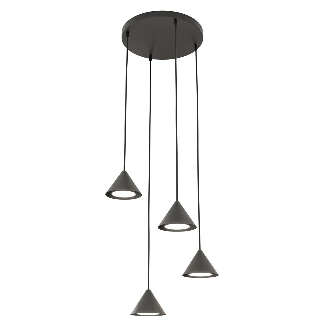 Zwarte hanglamp met ronde plafondplaat en vier kegelvormige kappen op verschillende hoogtes