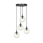 Zwarte hanglamp met vier transparante glazen bollen op verschillende hoogtes aan een ronde plafondplaat