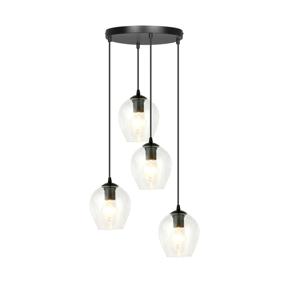 Zwarte hanglamp met vier transparante glazen kappen aan een ronde plafondplaat, op verschillende hoogtes