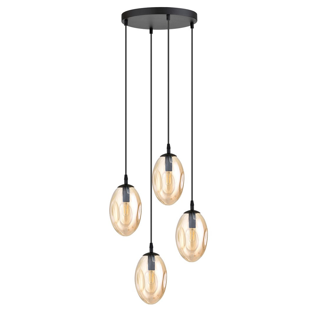 Hanglamp 4-lichts gepoedercoat staal en glas, modern, Astral, zwart met amberkleurig glas, Ø 30 cm