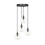 Hanglamp 4 lichts gepoedercoat staal en glas, Cosmo modern, zwart met transparante glazen kappen Ø 14 cm