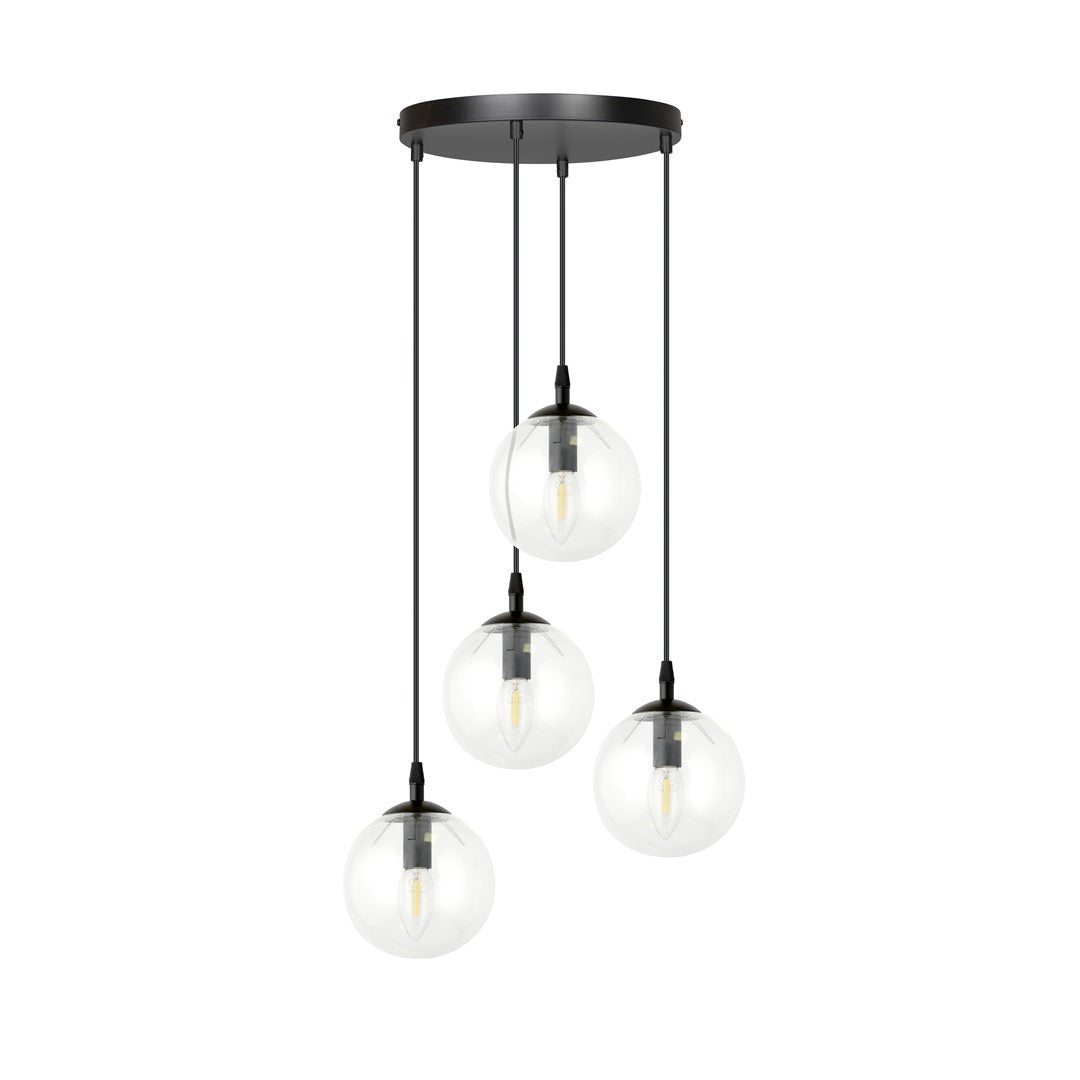 Hanglamp 4 lichts gepoedercoat staal en glas, Cosmo modern, zwart met transparante glazen kappen Ø 14 cm