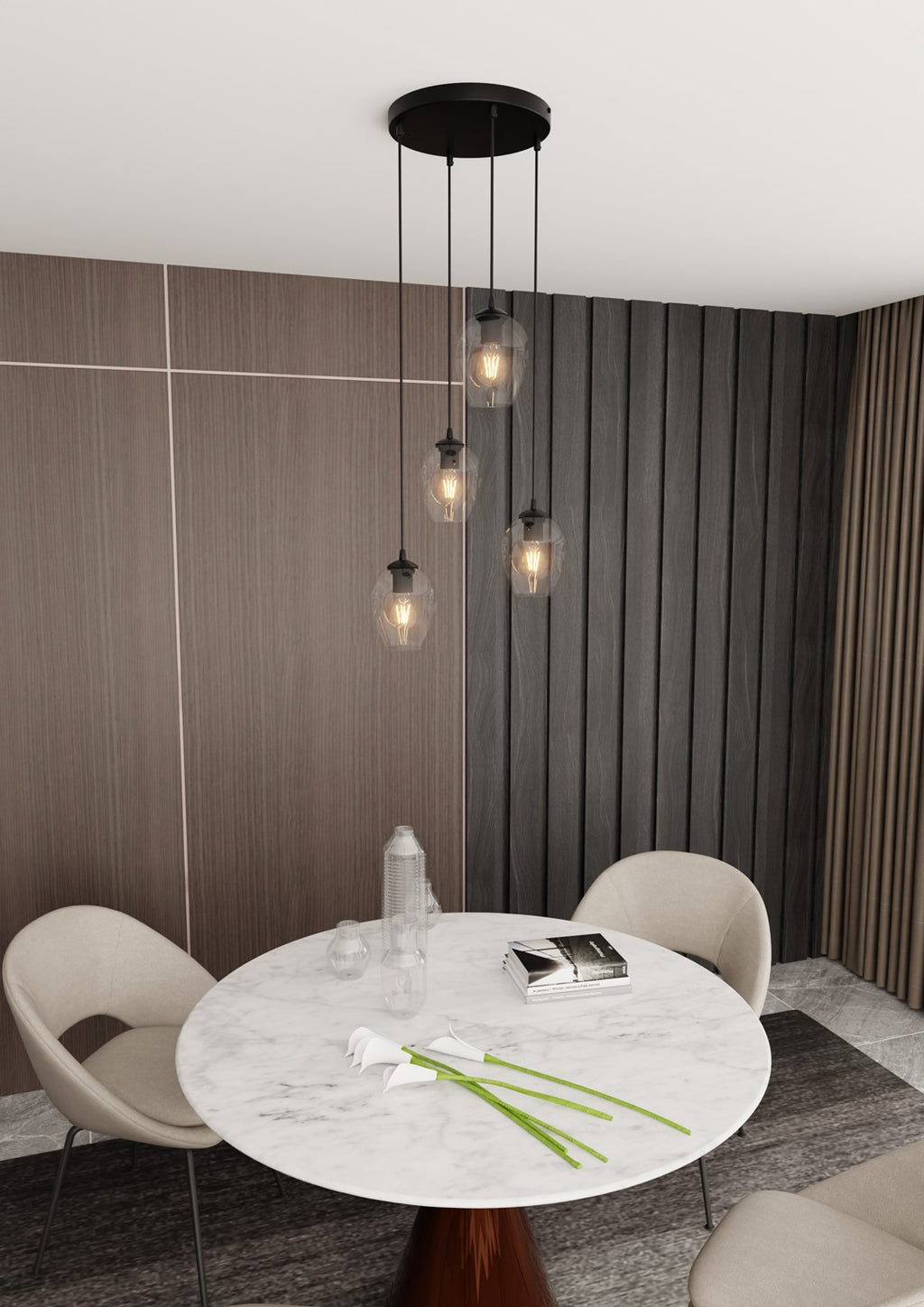 Hanglamp 4 lichts gepoedercoat staal en glas, modern Istar, zwart met transparante kappen, Ø 30 cm plafondplaat
