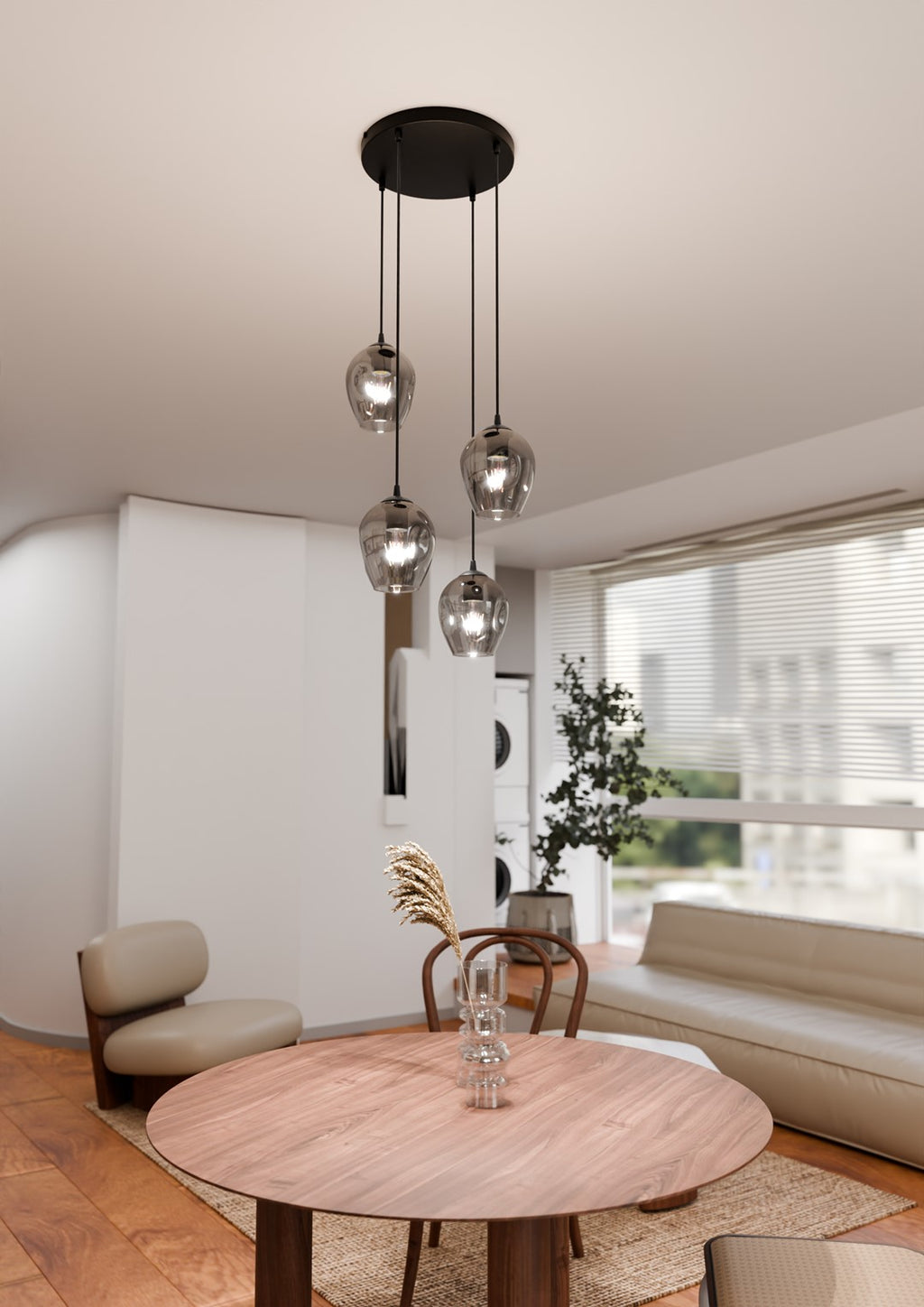 Hanglamp gepoedercoat staal en glas Istar, grafiet en zwart, 4 lichts, 40 x 100 cm, E27