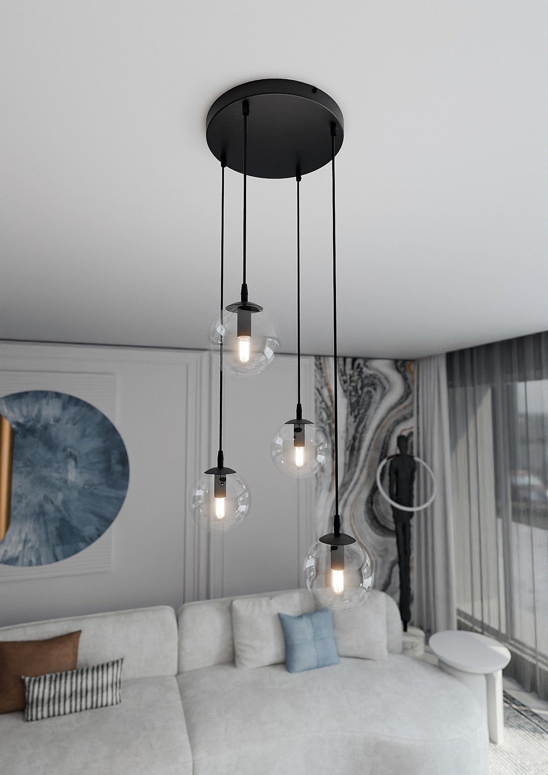 Hanglamp 4 lichts gepoedercoat staal en glas, Cosmo modern, zwart met transparante glazen kappen Ø 14 cm
