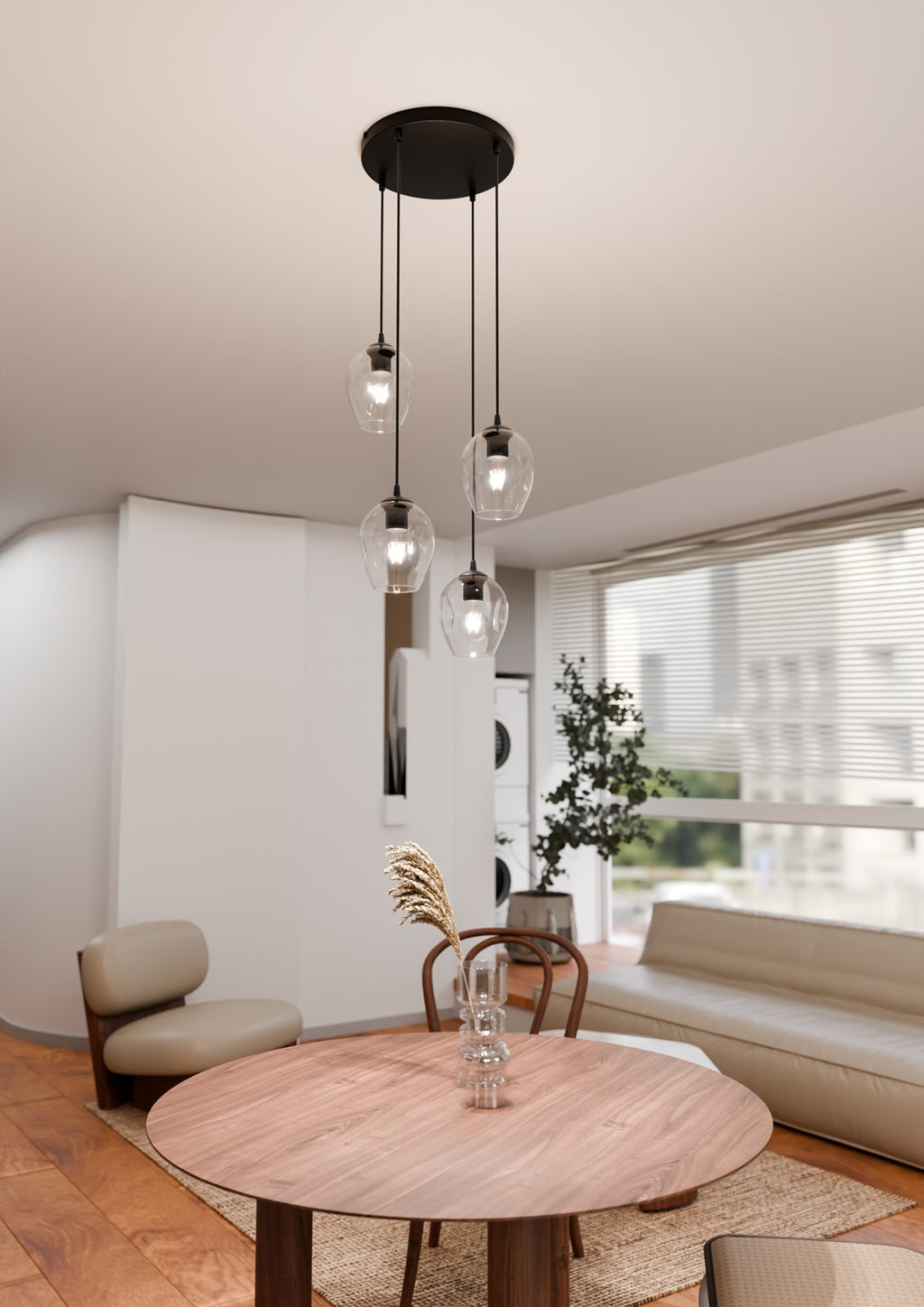 Hanglamp 4 lichts gepoedercoat staal en glas, modern Istar, zwart met transparante kappen, Ø 30 cm plafondplaat