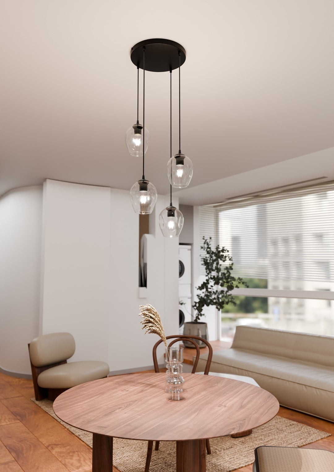 Hanglamp 4 lichts gepoedercoat staal en glas, modern Istar, zwart met transparante kappen, Ø 30 cm plafondplaat