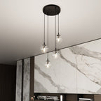 Hanglamp 4 lichts gepoedercoat staal en glas, Cosmo modern, zwart met transparante glazen kappen Ø 14 cm