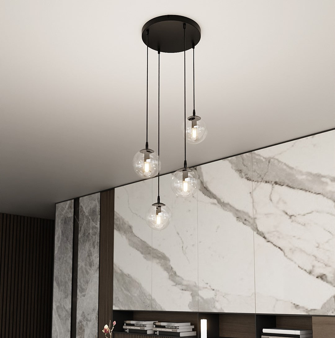 Hanglamp 4 lichts gepoedercoat staal en glas, Cosmo modern, zwart met transparante glazen kappen Ø 14 cm