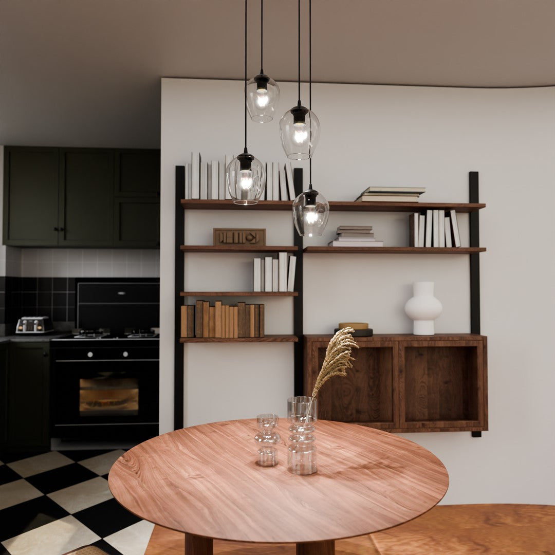 Hanglamp 4 lichts gepoedercoat staal en glas, modern Istar, zwart met transparante kappen, Ø 30 cm plafondplaat