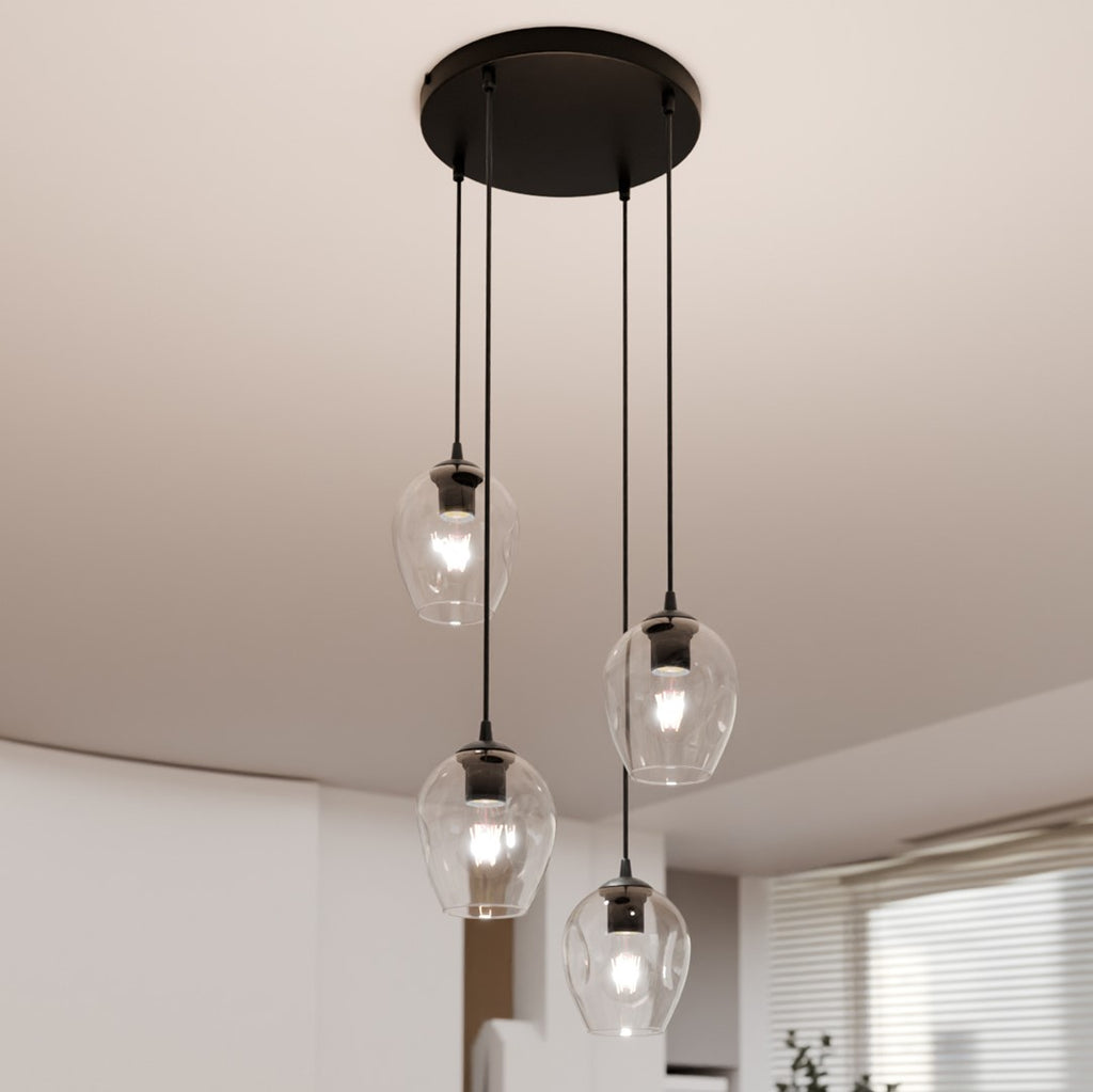 Hanglamp 4 lichts gepoedercoat staal en glas, modern Istar, zwart met transparante kappen, Ø 30 cm plafondplaat