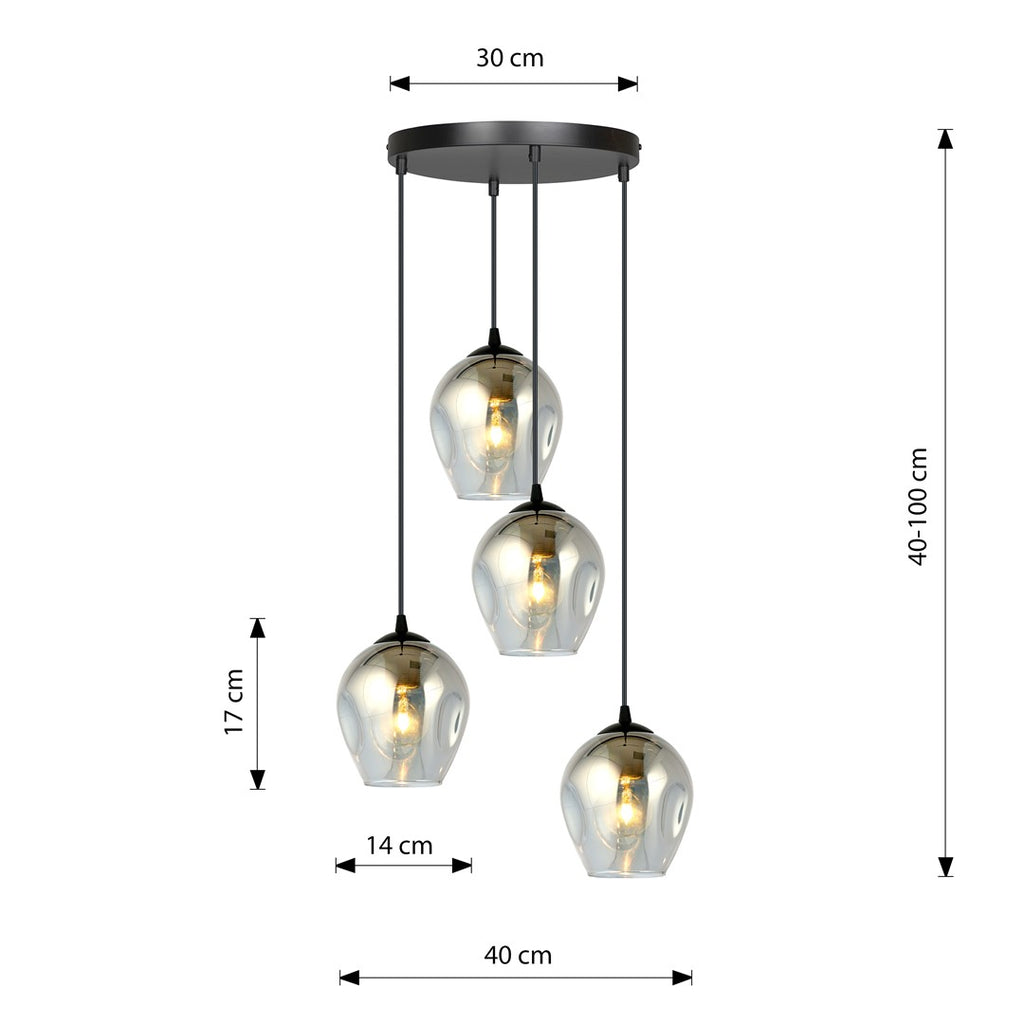 Hanglamp gepoedercoat staal en glas Istar, grafiet en zwart, 4 lichts, 40 x 100 cm, E27