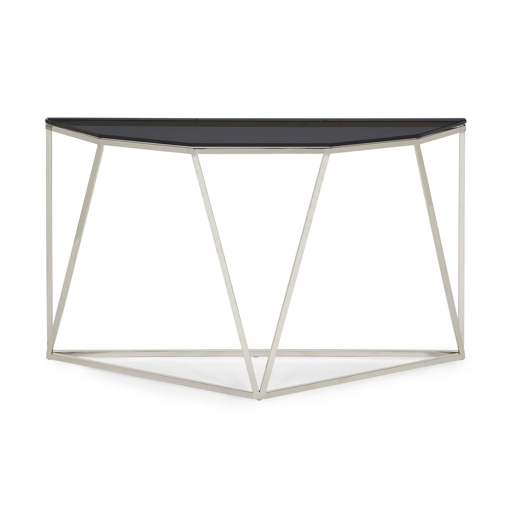 Consoletafel roestvrij staal en gerookt glas Aria, geometrisch onderstel, gepolijst – hal of woonkamer