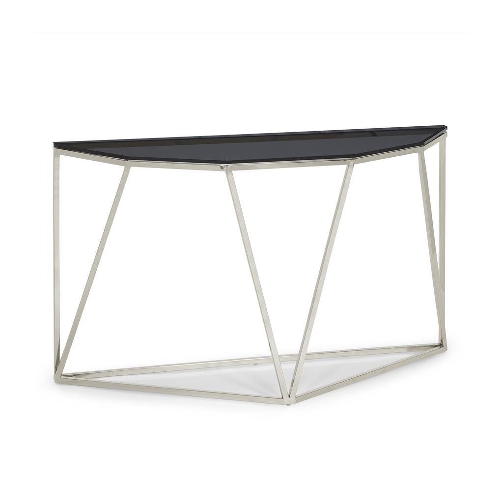 Consoletafel roestvrij staal en gerookt glas Aria, geometrisch onderstel, gepolijst – hal of woonkamer