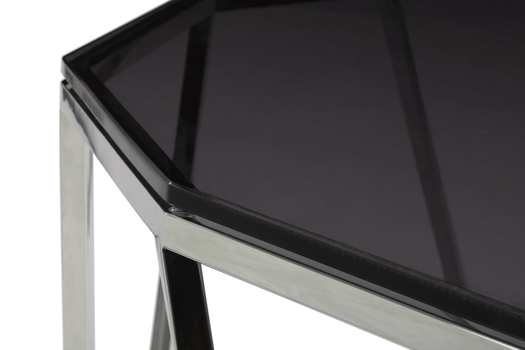 Consoletafel roestvrij staal en gerookt glas Aria, geometrisch onderstel, gepolijst – hal of woonkamer