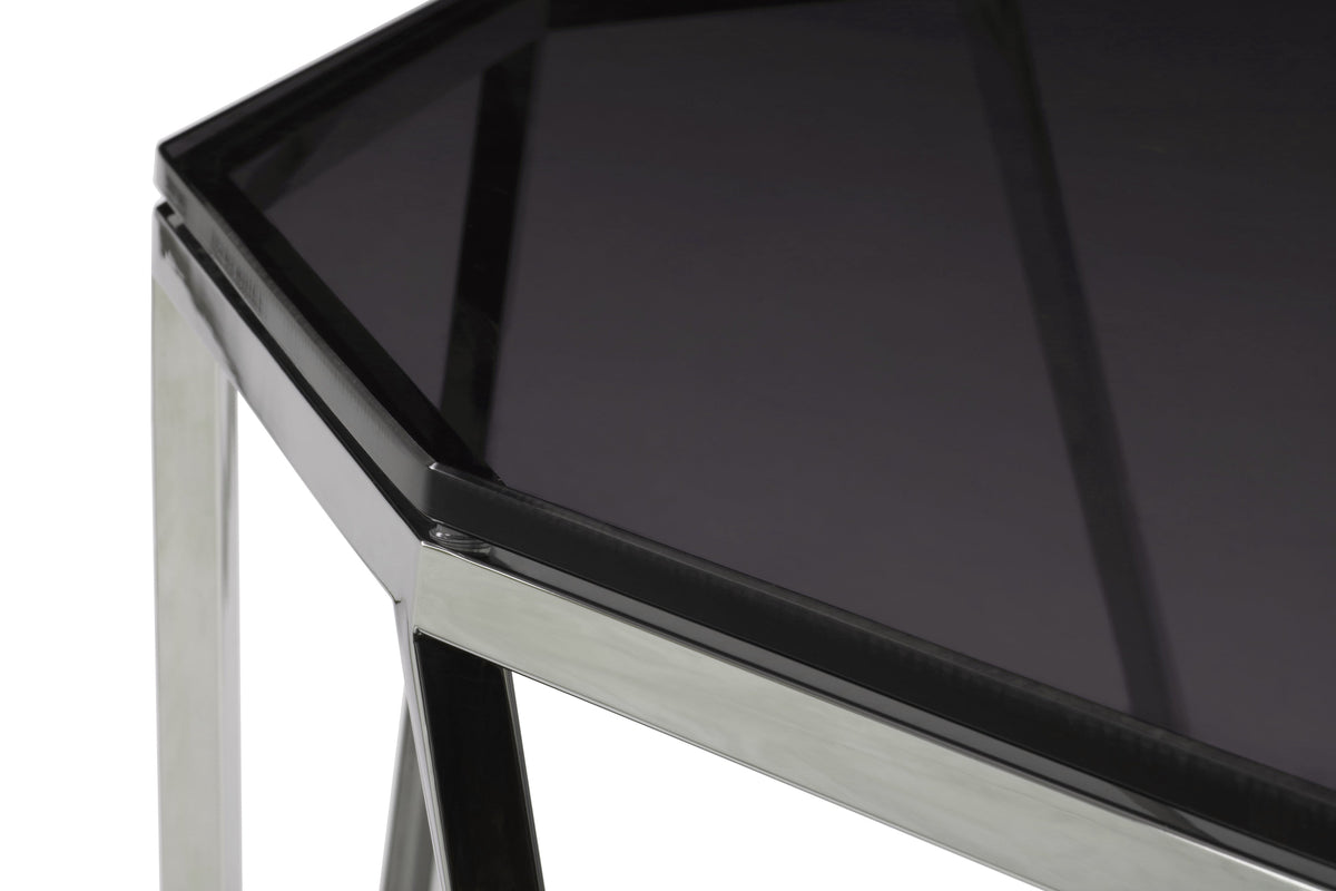 Consoletafel roestvrij staal en gerookt glas Aria, geometrisch onderstel, gepolijst – hal of woonkamer