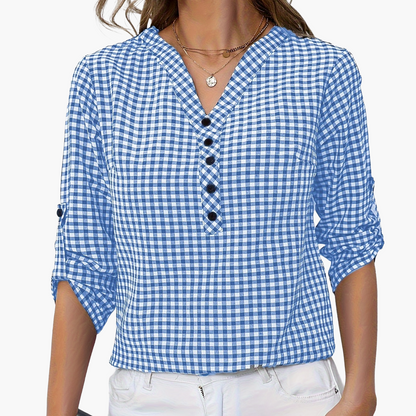 Women's blouse with check pattern and V-neck – casual shirt blouse for spring and summer
