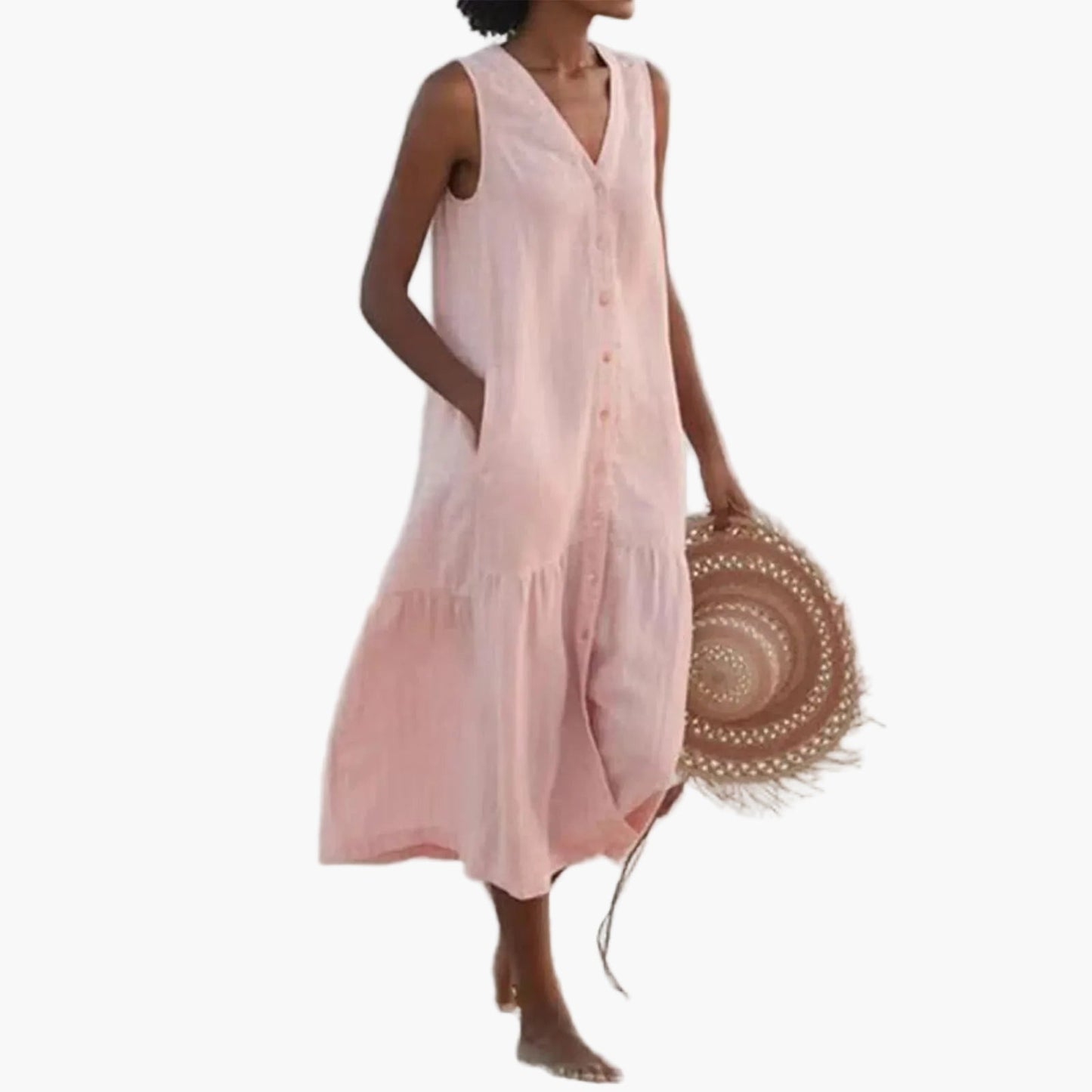 Women's summer beach dress sleeveless with V-neck and button placket – Casual leisurewear