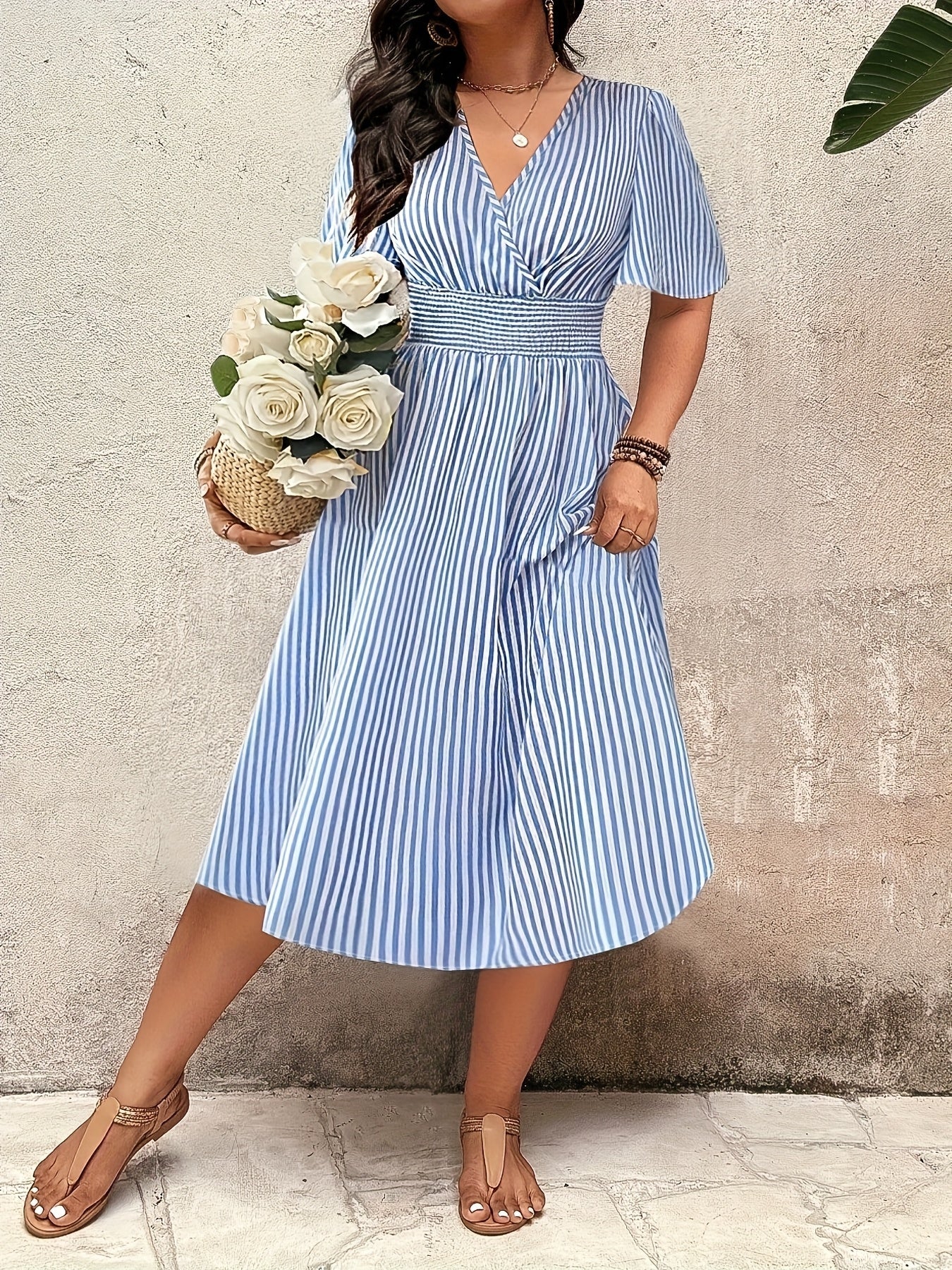 Women's Elegant Striped Midi Dress with V-Neck and Waist Accent for Festive Occasions