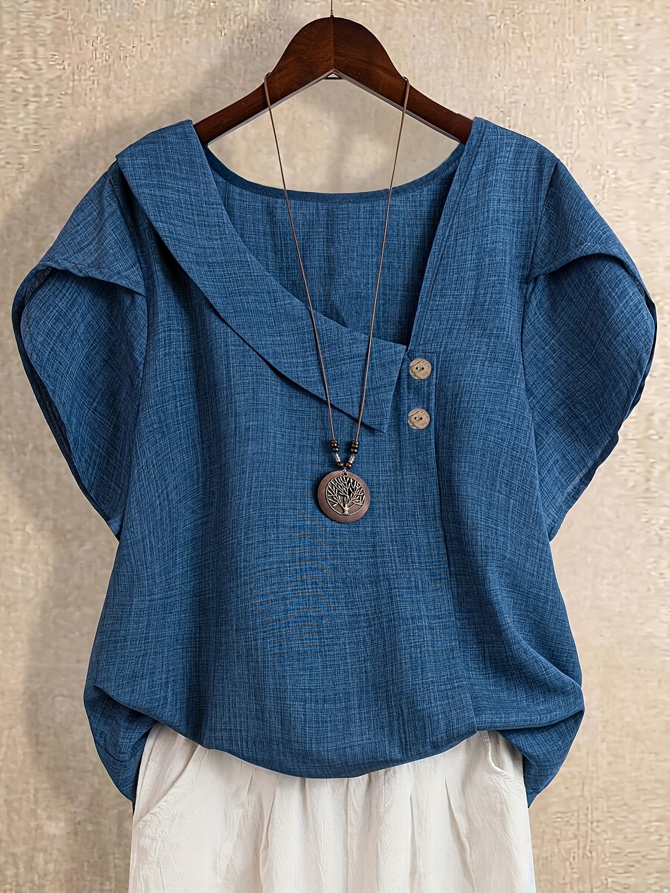 Women's tunic blouse with asymmetrical collar and short sleeves – Artistic casual style
