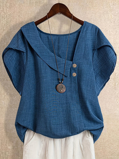 Women's tunic blouse with asymmetrical collar and short sleeves – Artistic casual style