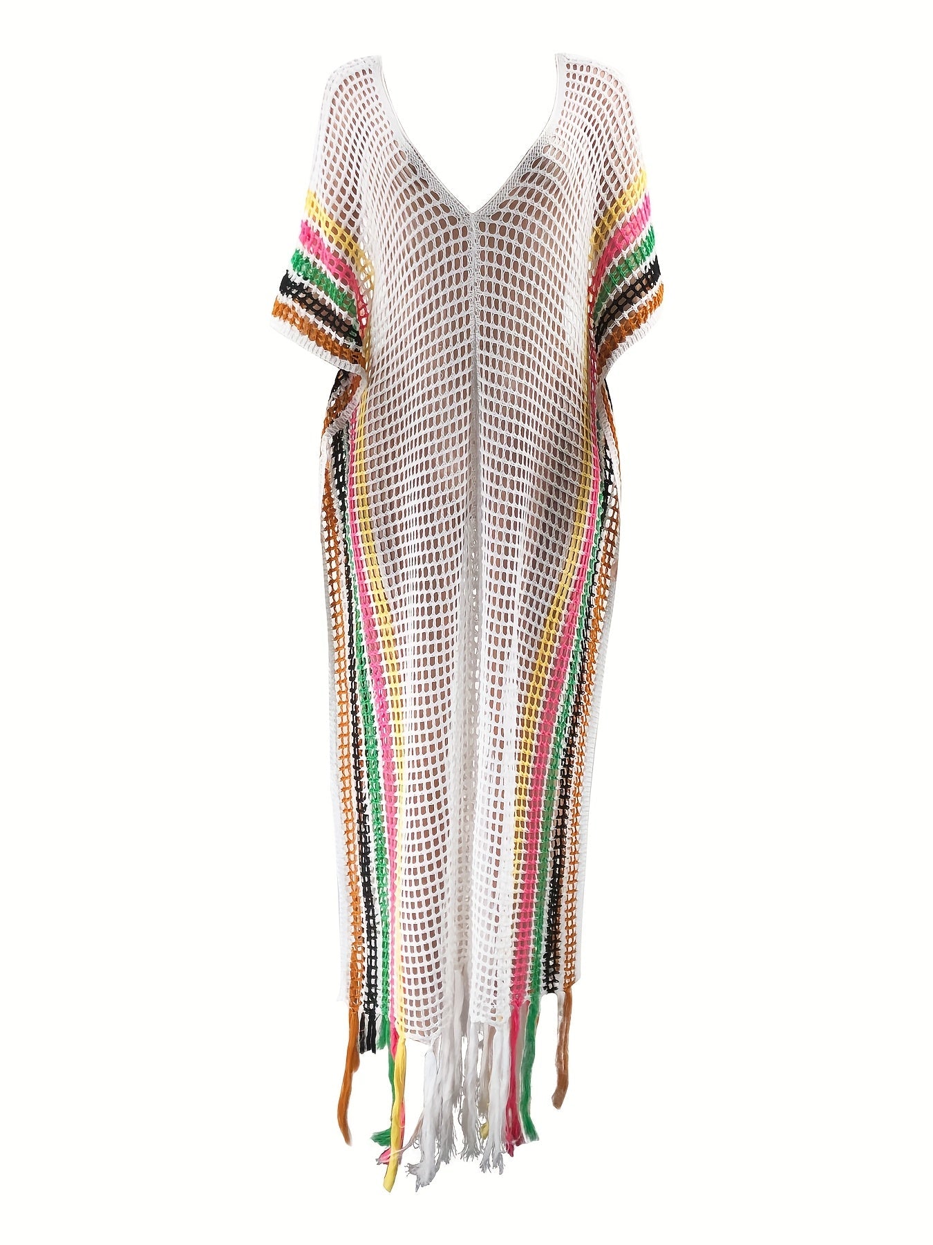 Women's Boho Beach Kaftan Maxi Dress with Net and Fringes – Perfect as Swimwear Cover-Up