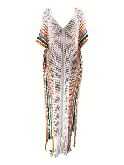 Women's Boho Beach Kaftan Maxi Dress with Net and Fringes – Perfect as Swimwear Cover-Up