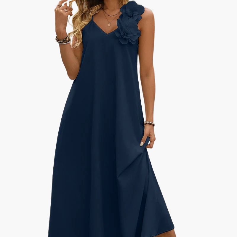 Women's Elegant Maxi Dress with V-Neck and Floral Applique – Perfect for Summer Parties and Garden Gatherings