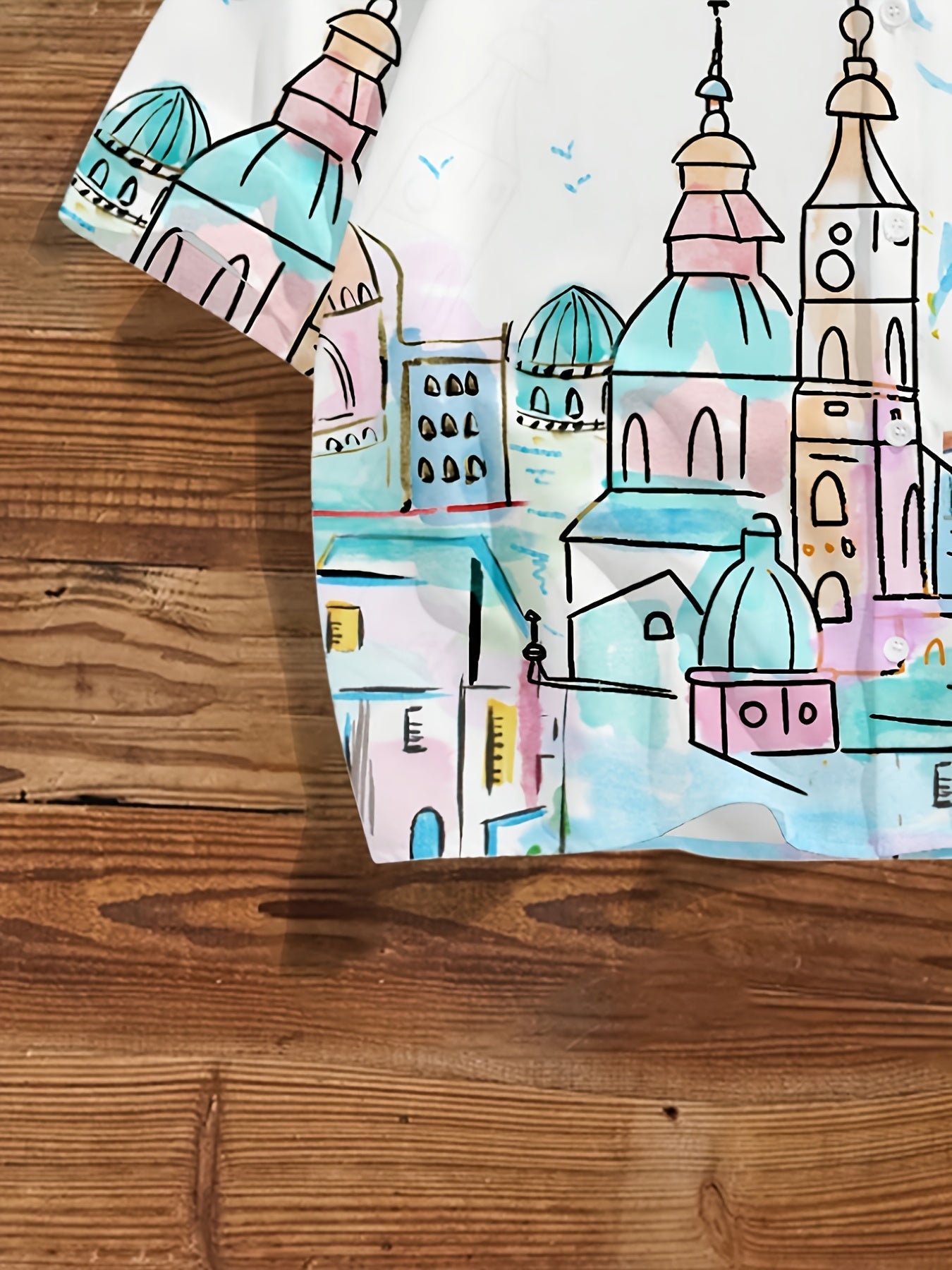 Men's short-sleeve shirt with artistic city motif – Modern casual and summer shirt