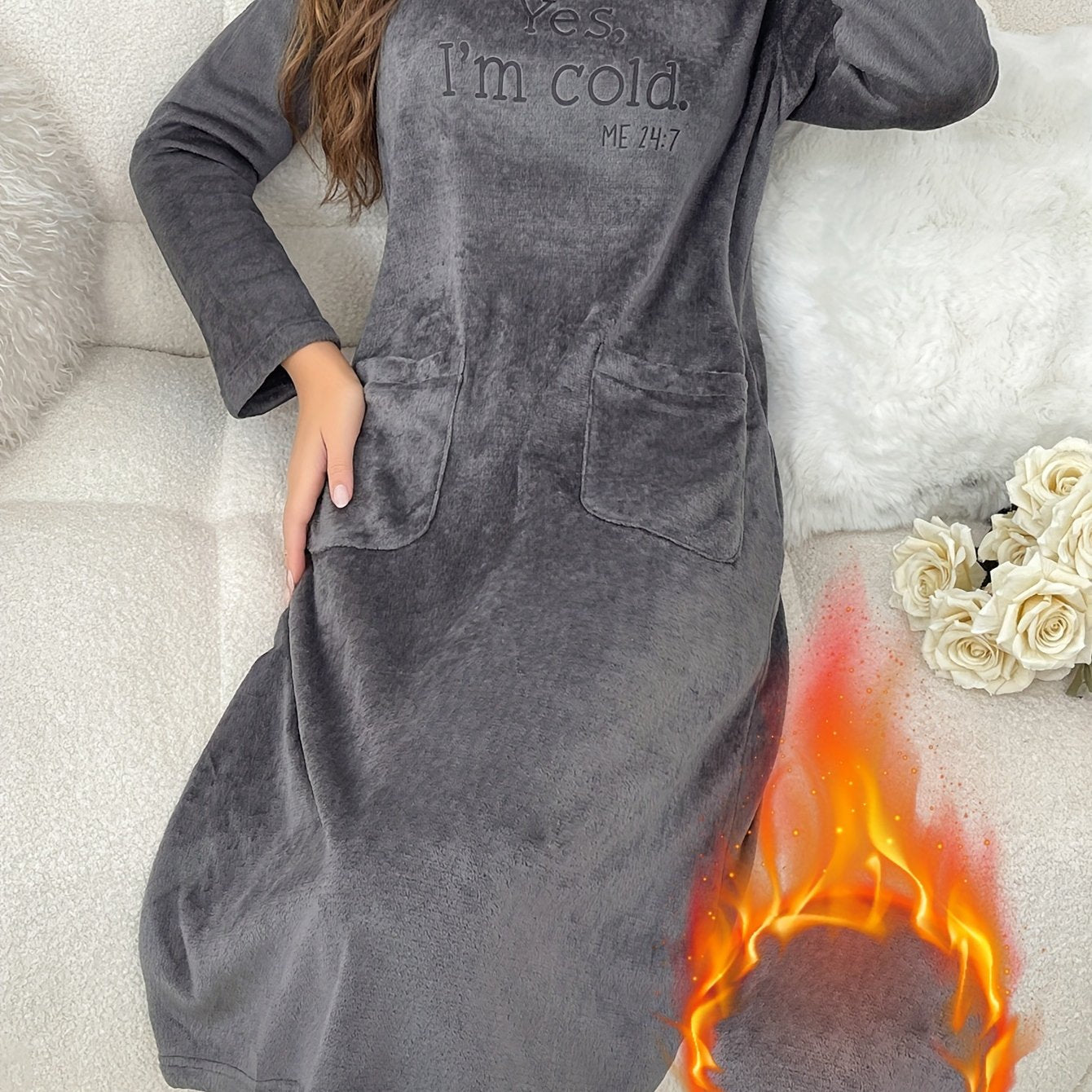 Women's flannel nightgown with a round neckline and embroidery – long-sleeved, cozy loungewear robe