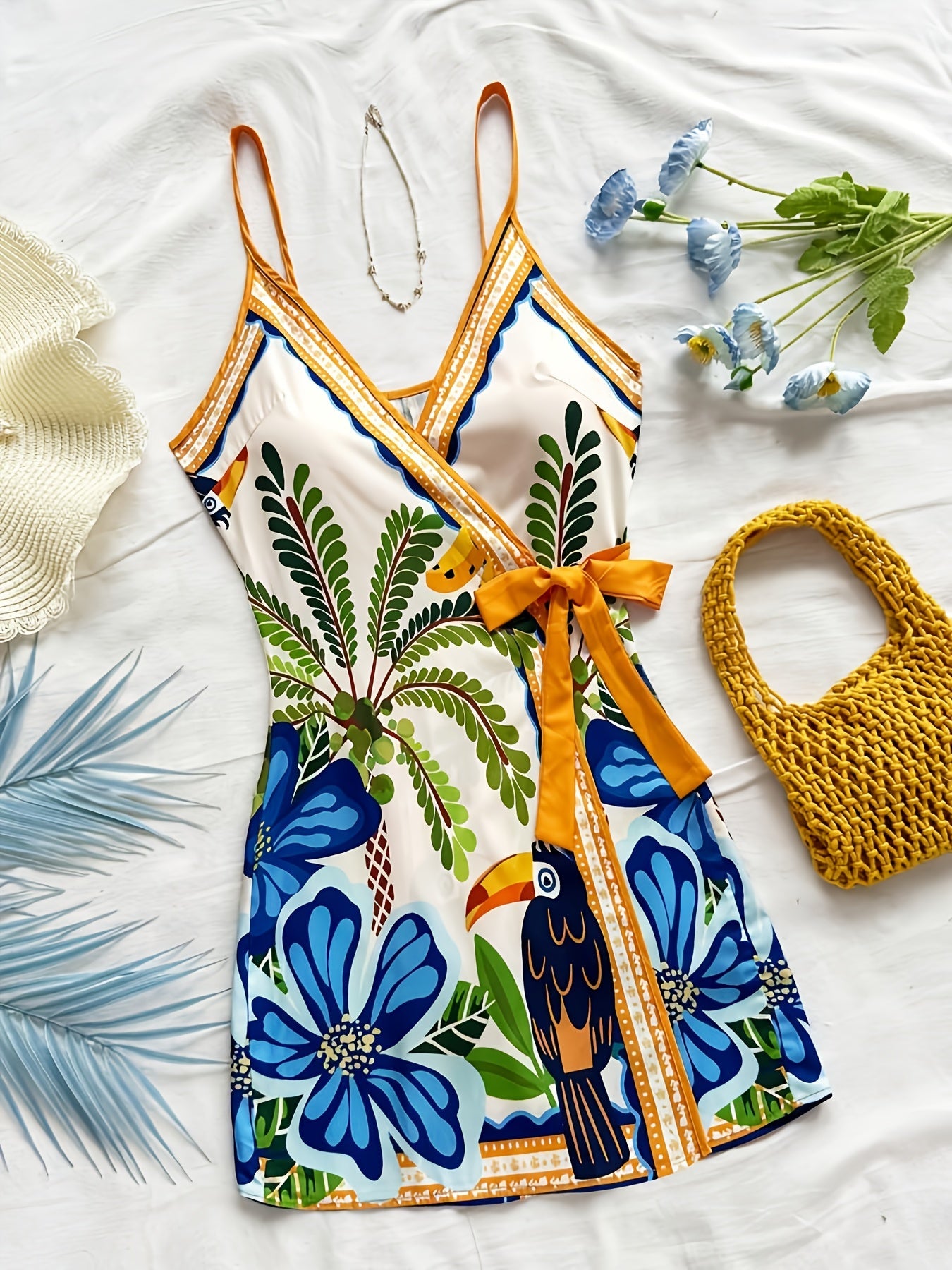 Women's summer wrap dress with tropical print and floral pattern – Perfect for vacation and leisure