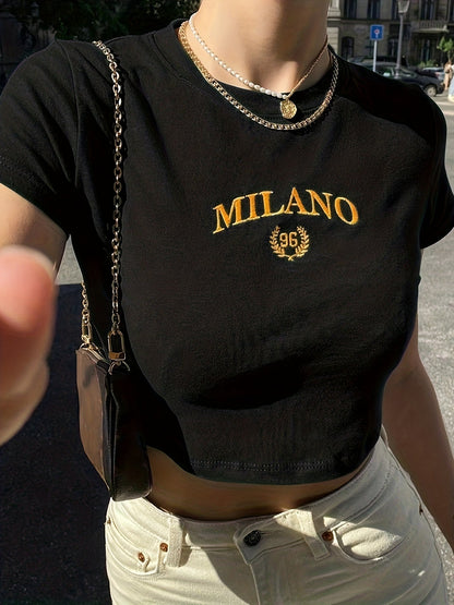 Damen Y2K Milano Crop Top T-Shirt mit Stickerei – Trendiges Sommer Streetwear