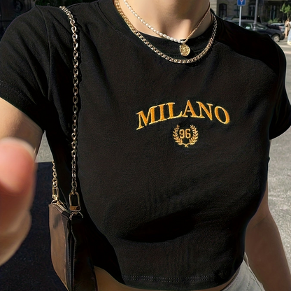 Damen Y2K Milano Crop Top T-Shirt mit Stickerei – Trendiges Sommer Streetwear