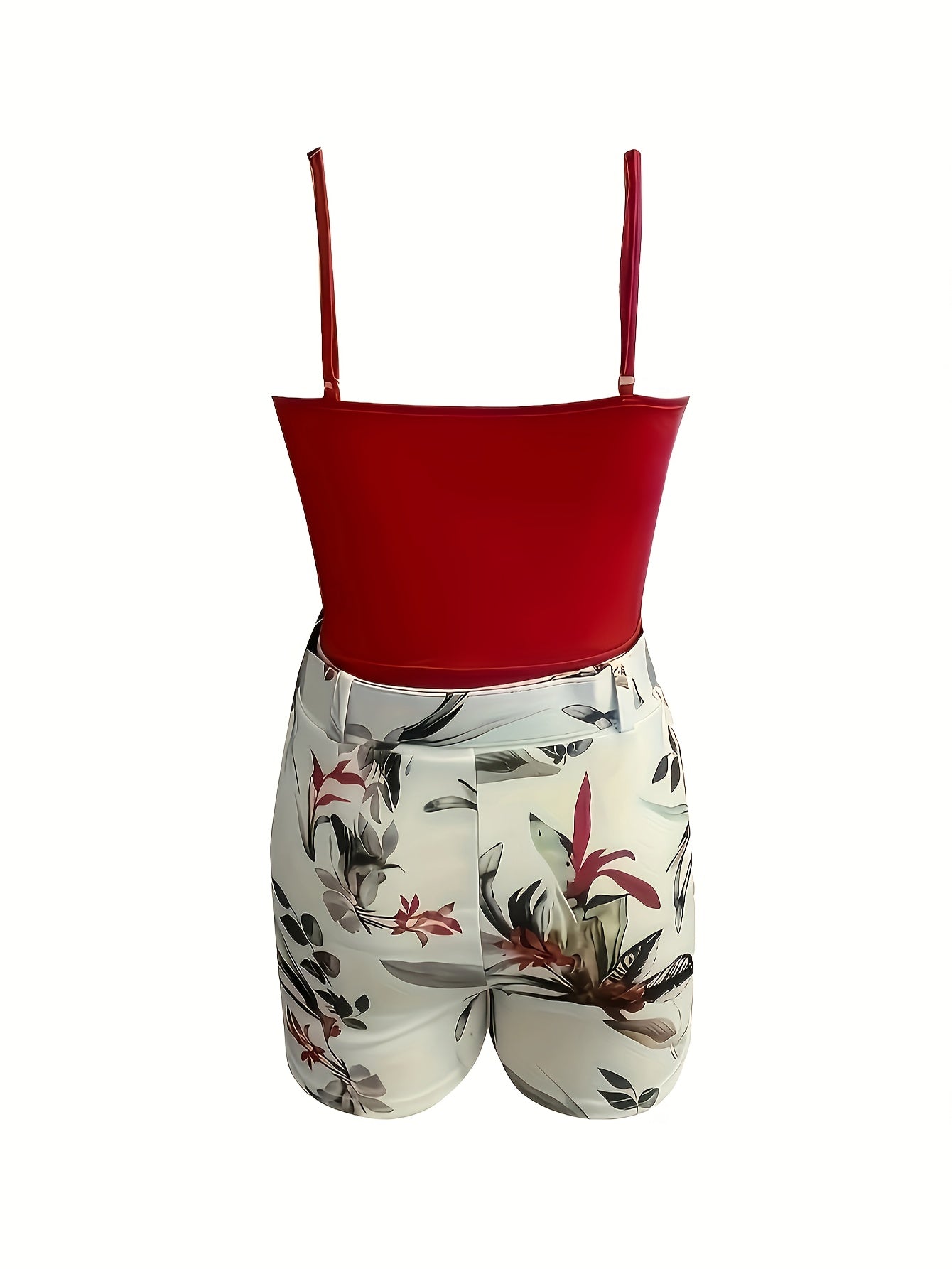 Women's Summer Outfit Set – Sleeveless V-Neck Bodysuit & High-Waisted Floral Shorts with Belt, Fashionable Casual Look