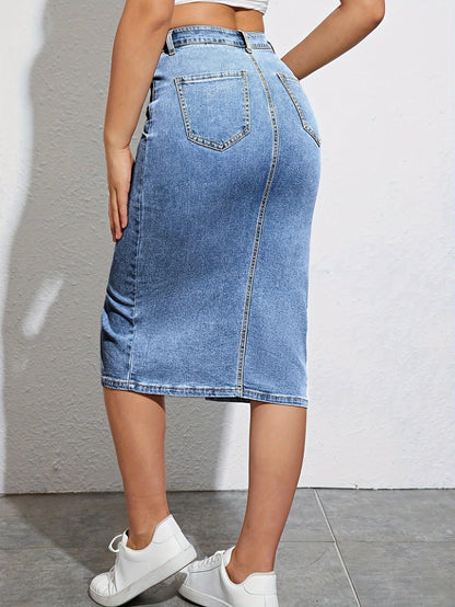 Women's High Waist Denim Skirt with Slit – Fashionable Casual Style for Everyday & Leisure