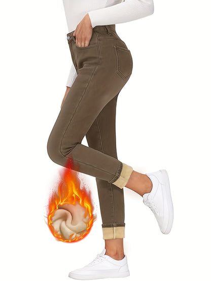 Women's lined thermal jeans, brown, high-waisted