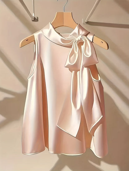 Women's Elegant Sleeveless Blouse with Bow and Stand Collar – Perfect for Going Out or Office
