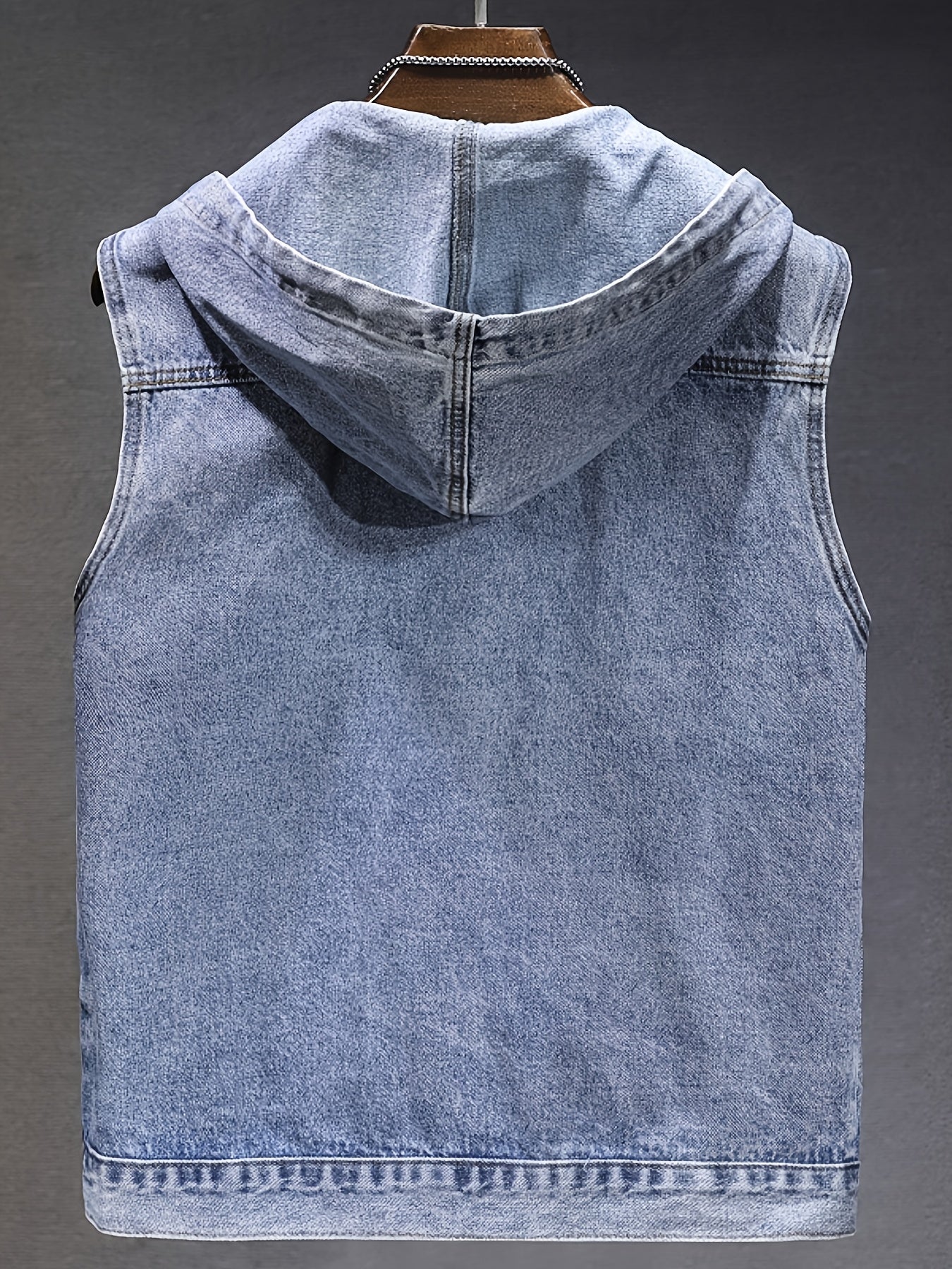 Men's denim vest with hood, sleeveless, with zipper and pockets