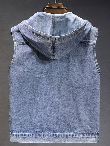 Men's denim vest with hood, sleeveless, with zipper and pockets