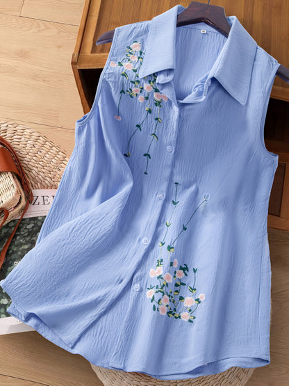 Damen ärmellose Bluse mit Blumenstickerei und Knopfleiste – Eleganter Freizeitstil