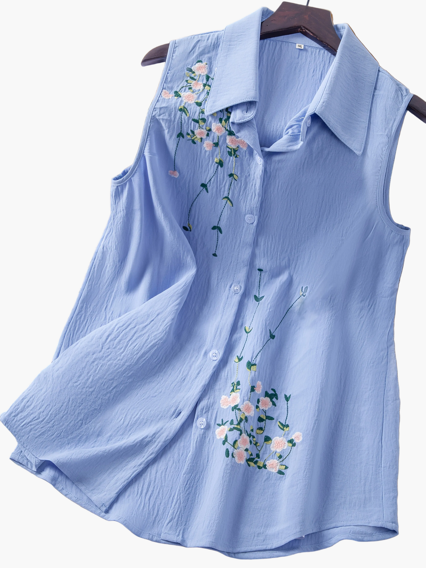 Damen ärmellose Bluse mit Blumenstickerei und Knopfleiste – Eleganter Freizeitstil