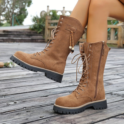 Damen Schnürstiefel Stiefeletten Hellbraun Mittelhoch Profillaufsohle