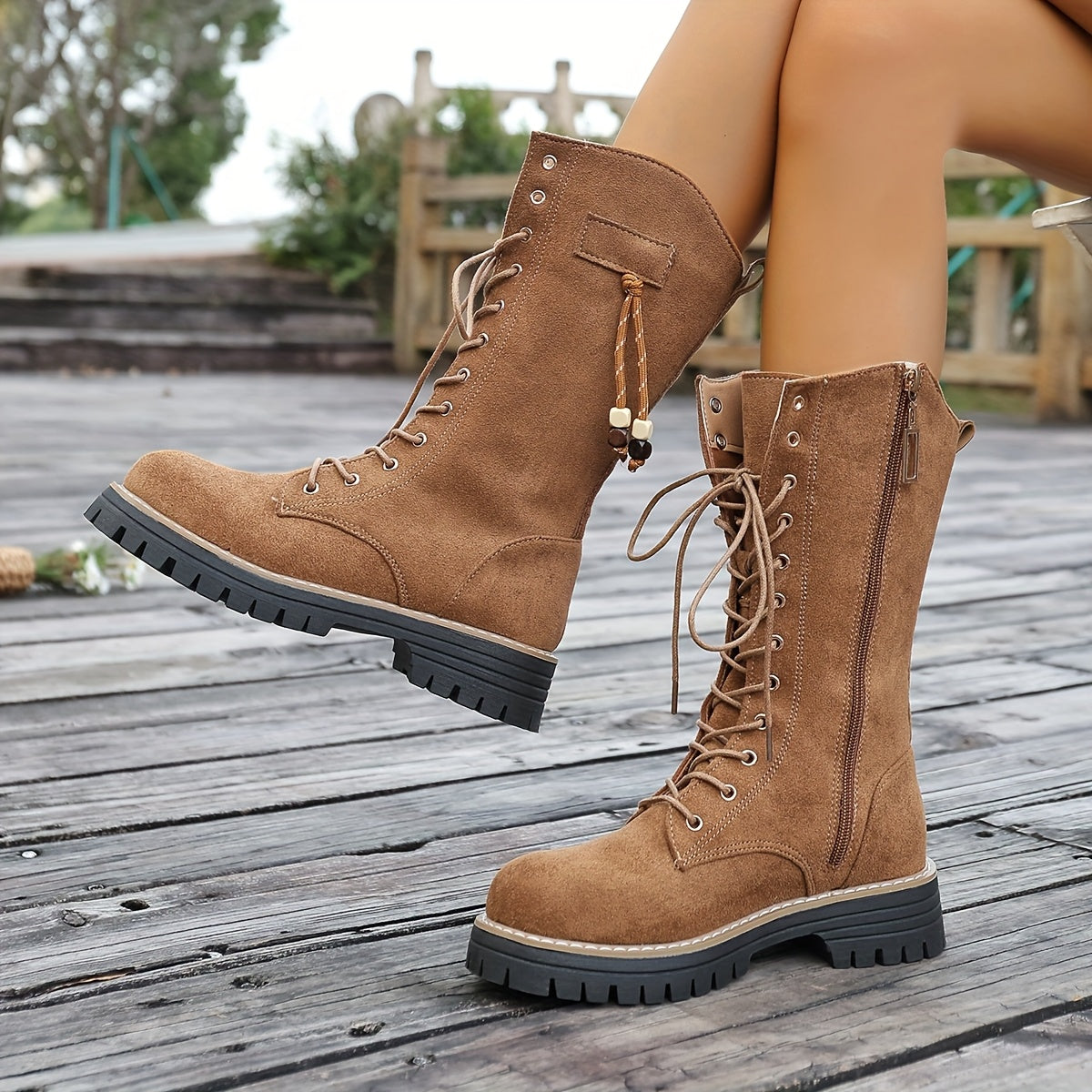 Damen Schnürstiefel Stiefeletten Hellbraun Mittelhoch Profillaufsohle