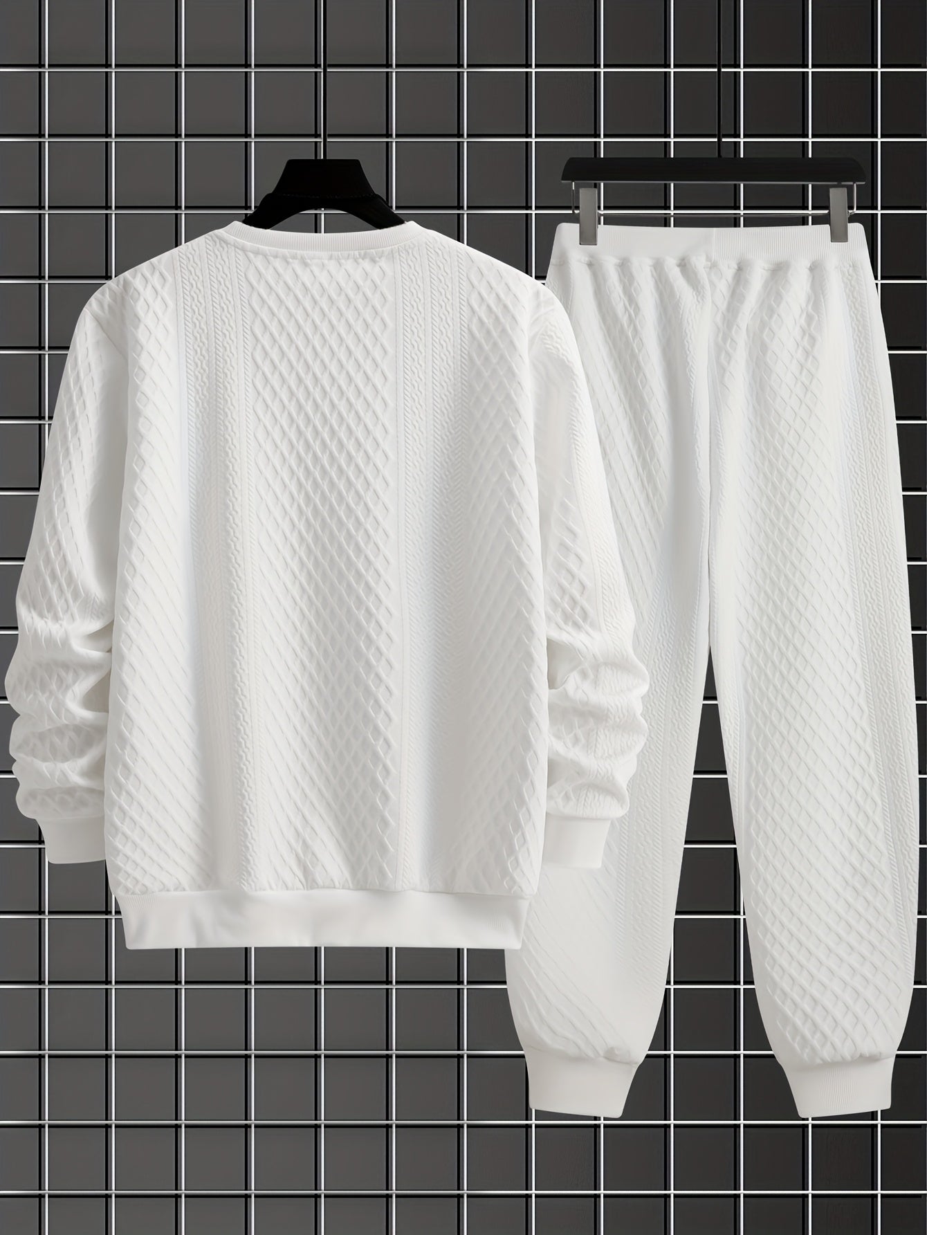 Men's two-piece tracksuit with diamond pattern, long-sleeve shirt, and jogger pants