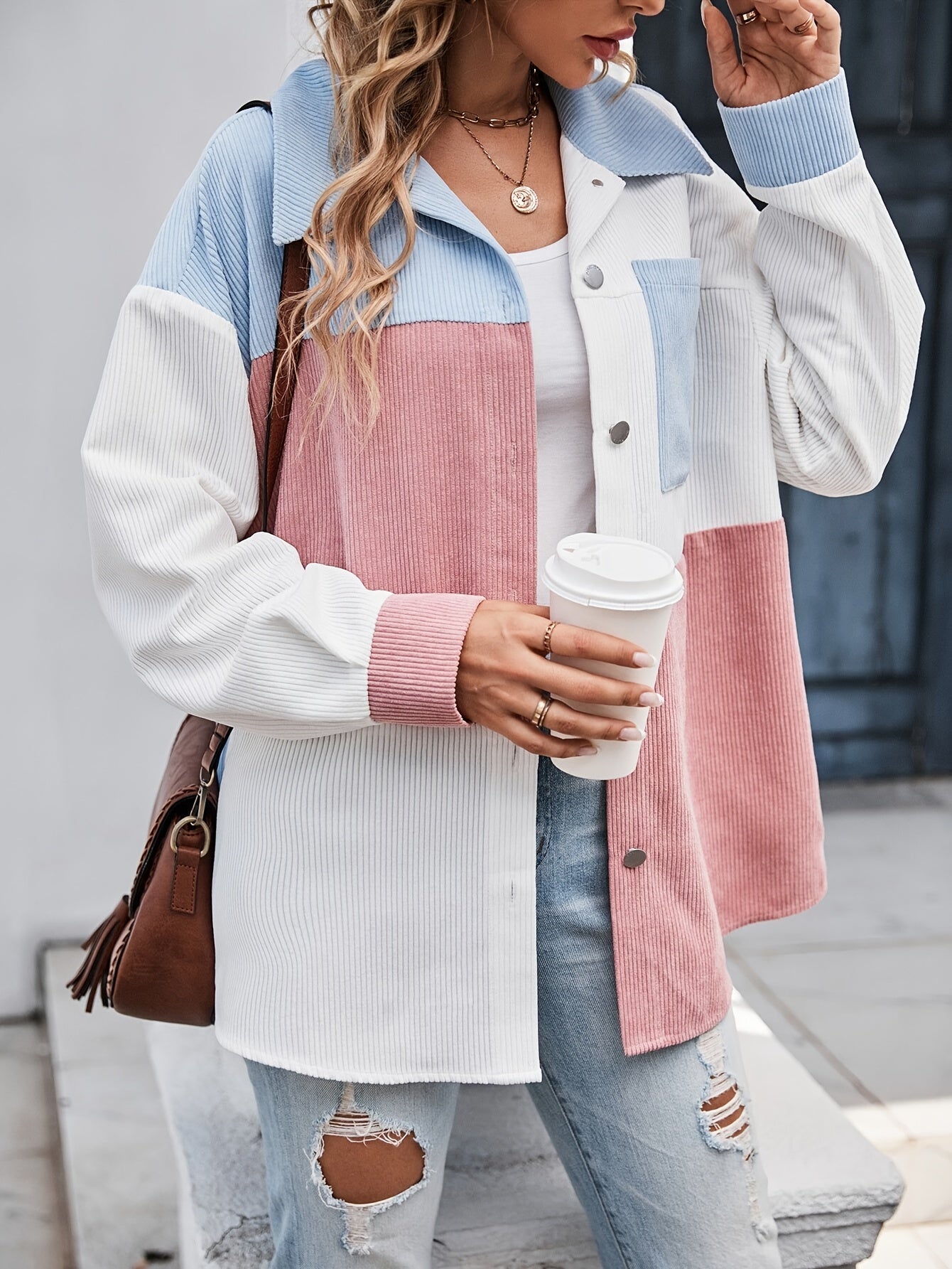 Cordhemdjacke im Colorblocking-Design Langarm Oversized