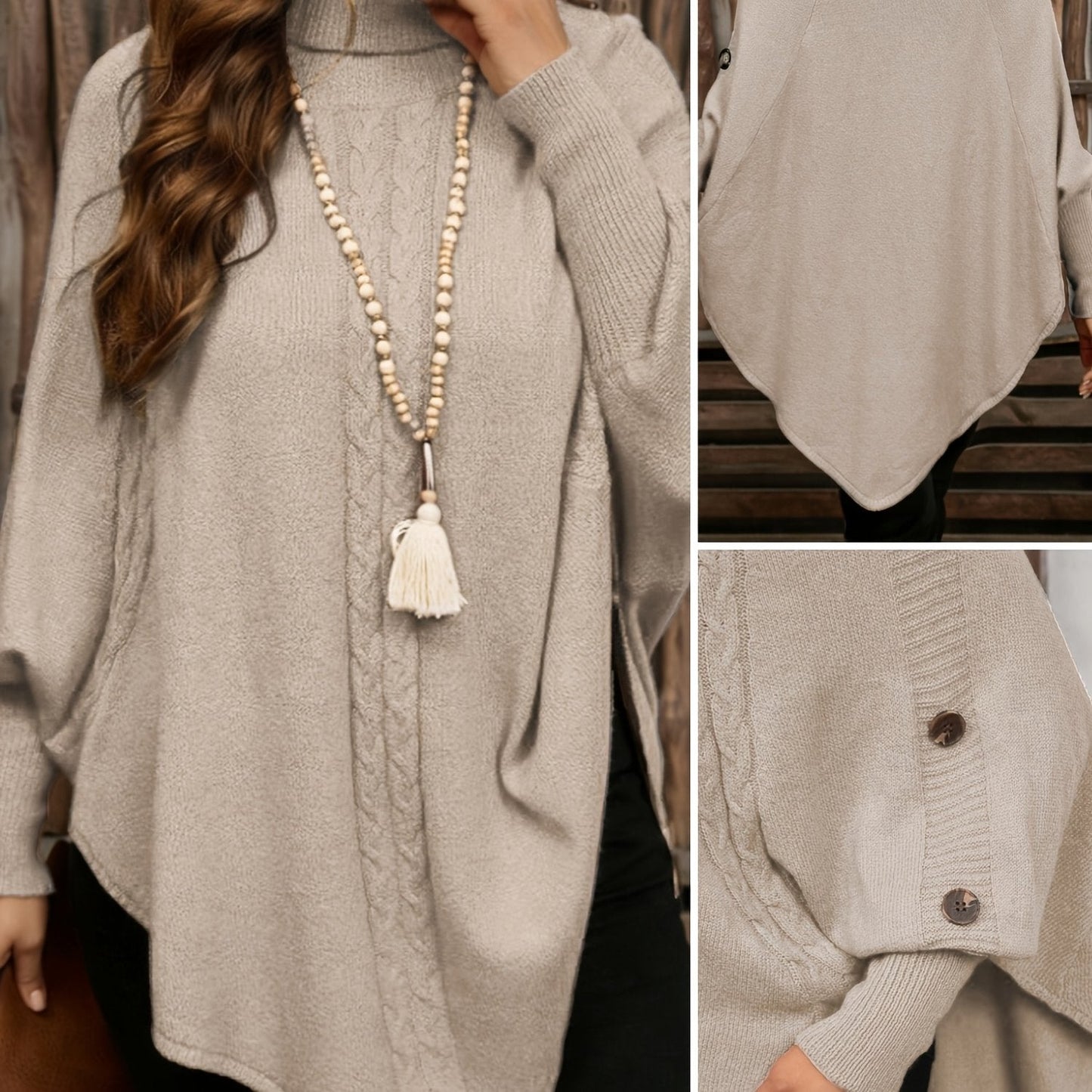 Damen Strick-Poncho mit Rollkragen, Zopfmuster und Knopfdetails