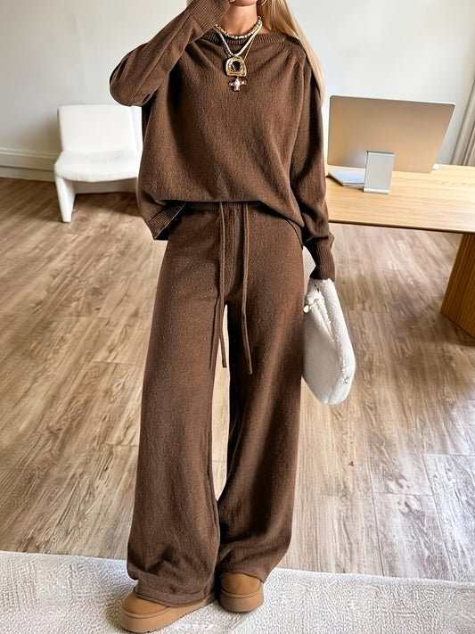 Women's Brown Loungewear Set with Crew-Neck Sweater & Wide-Leg Pants