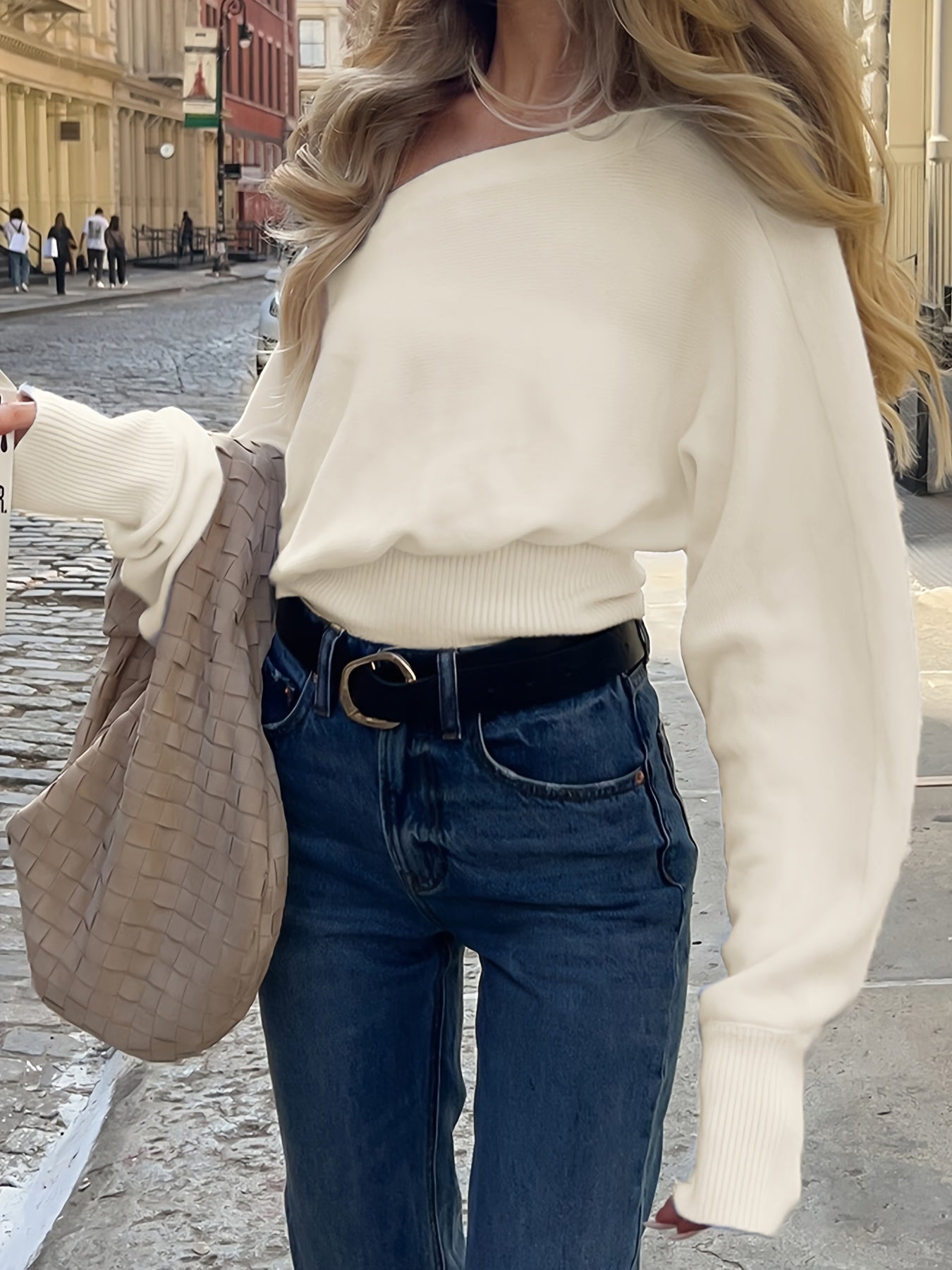 Women's off-the-shoulder knitted sweater with wide sleeves, white