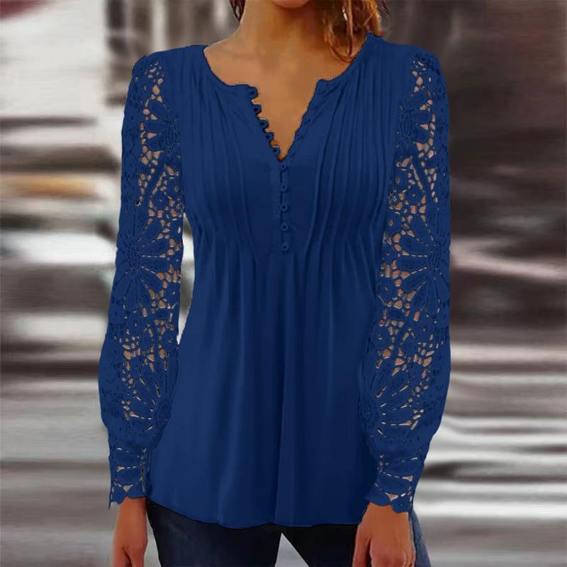 Sandra – Elegant T-shirt with lace sleeves and pleats in solid color