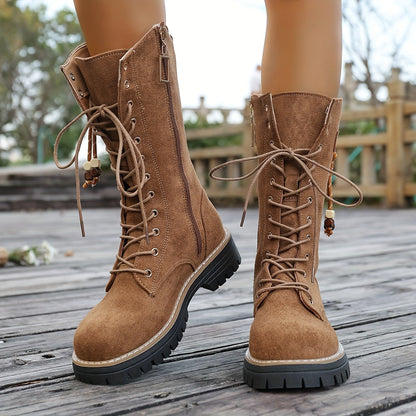 Damen Schnürstiefel Stiefeletten Hellbraun Mittelhoch Profillaufsohle